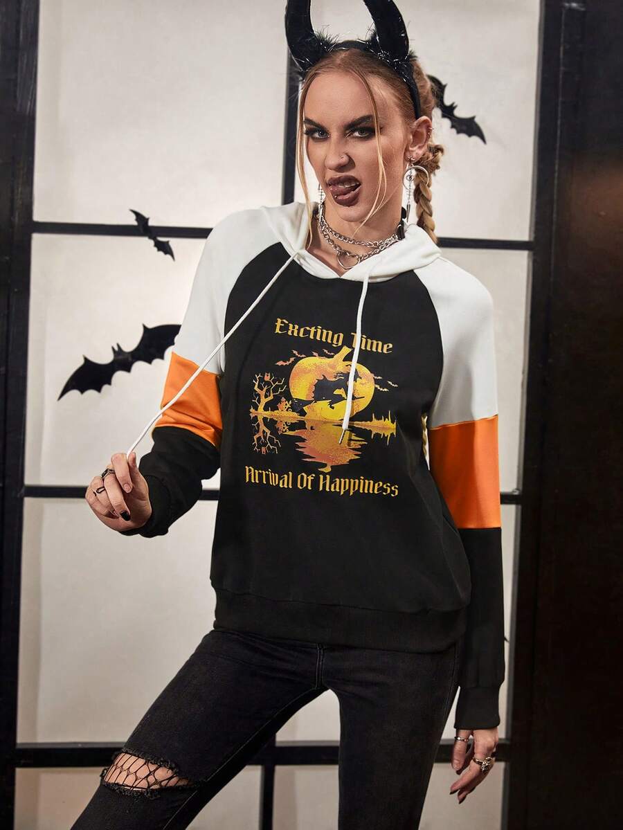 PUNK Halloween Print Raglan Sleeve Drawstring Hoodie - Black - View 1