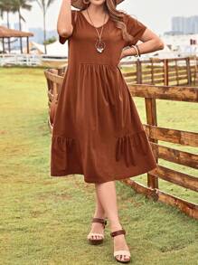 EMERY ROSE Plus Solid Ruffle Hem Smock Dress - Brown - View 4