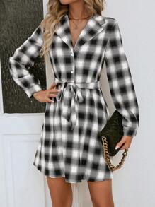 SHEIN Essnce 格紋印花腰帶襯衫洋裝 - 黑色 - 查看 6