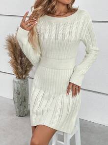 SHEIN Clasi Cable Knit Drop Shoulder Sweater Dress - White - View 6