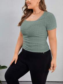 SHEIN Essnce Plus Eyelet Embroidery Scoop Neck Tee - Mint Green - View 4