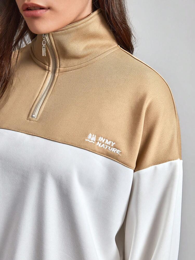 Embroidery Letter Pattern Two Tone Half Zip Drop Shoulder Outdoor Sweatshirt