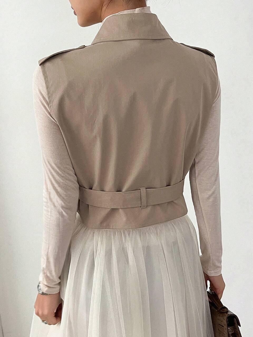 Lapel Neck Belted Vest Jacket