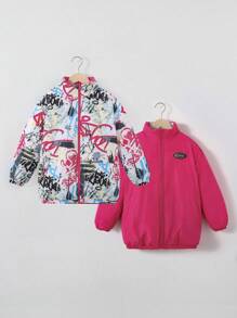SHEIN Tween Girl 1pc Letter Graphic Reversible Padded Coat - Hot Pink - View 1