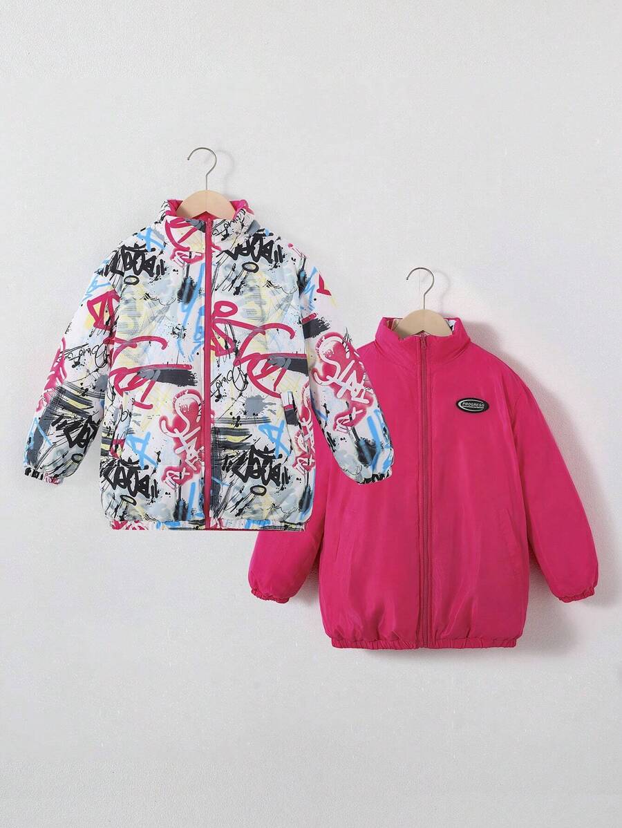 SHEIN Tween Girl 1pc Letter Graphic Reversible Padded Coat - Hot Pink - View 1