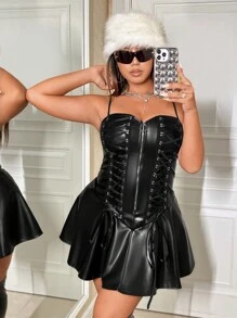 Flirla Hơn Halloween Lace lên phía trước chất liệu da PU Váy Dây - màu đen - Xem 7