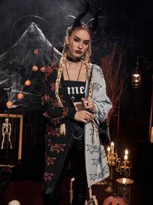 PUNK Áo khoác cardigan trễ vai họa tiết dơi hai tông màu Halloween không kèm thắt lưng - Nhiều màu - Xem 5
