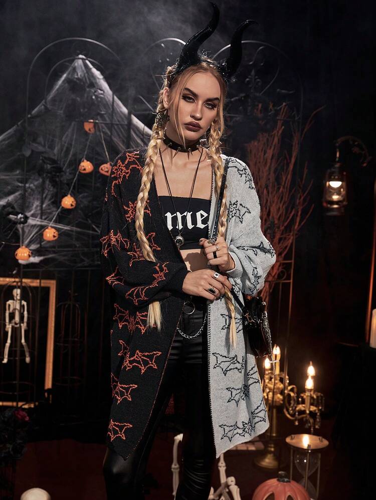 PUNK Áo khoác cardigan trễ vai họa tiết dơi hai tông màu Halloween không kèm thắt lưng - Nhiều màu - Xem 5