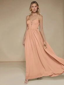 SHEIN Belle 素色後拉鏈吊帶裙伴娘禮服 - 珊瑚橙 - 查看 5