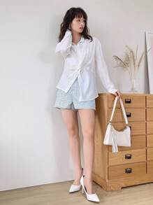 DAZY Áo sơ mi tay dài lệch vai phía trước - trắng - Xem 5