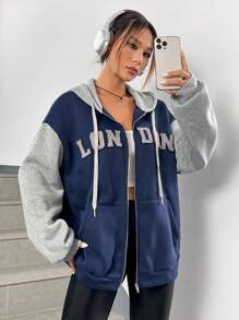 SHEIN EZwear Đồ họa Chữ cái Khối màu Thả vai Hoodie - Màu xanh hải quân - Xem 3