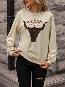 SHEIN LUNE 字母圖案落肩袖運動衫 - 杏色 - 查看 5