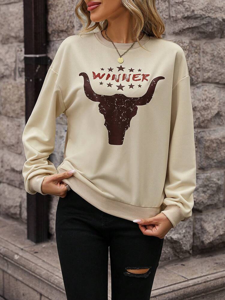 SHEIN LUNE Đồ họa Chữ cái Thả vai Áo nỉ - Màu be - Xem 5