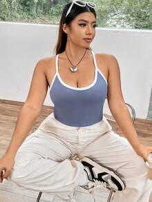 Flirla Hơn Tương phản ràng buộc Cami ngọn - Màu xanh bụi bặm - Xem 6