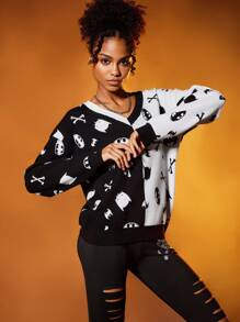 BATMAN X SHEIN Hai âm Mô hình Cartoon Thả vai Áo len - Đen và trắng - Xem 3