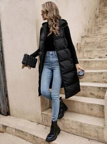 SHEIN Frenchy Solid Hooded Quilted Padded Warm Vest Coat - Black - View 3