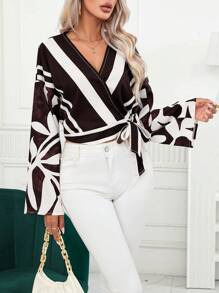 Aveloria Leaf Print Knot Side Wrap Blouse
