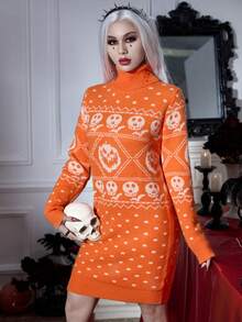 PUNK Halloween Skull Pattern Turtleneck Sweater Dress - Orange - View 4