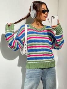 SHEIN Unity Mẫu sọc Thả vai Áo len - Nhiều màu - Xem 6
