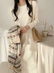 DAZY 實色肋紋針織毛衣連身裙 - 杏色 - 查看 2