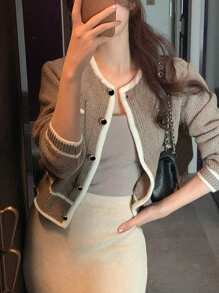 DAZY 女士休闲拼色装饰开衫，商务休闲，秋冬，长袖上衣，秋季女装夹克 - 棕色 - 查看 4