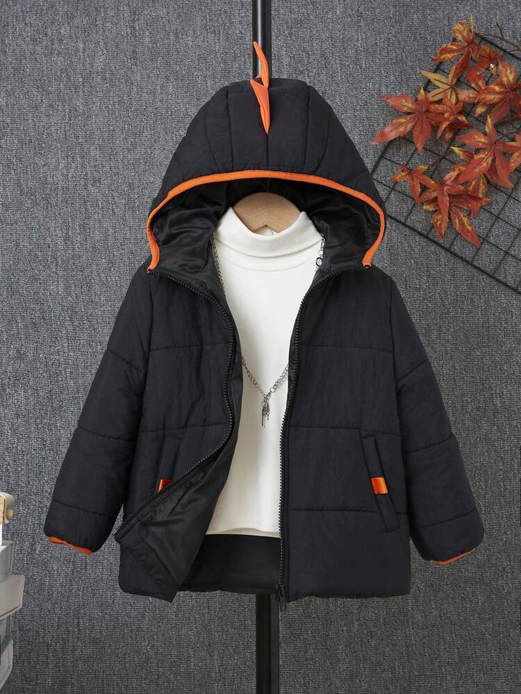 Young Boy Zip Up Contrast Binding Hooded Padded Coat Without Sweater