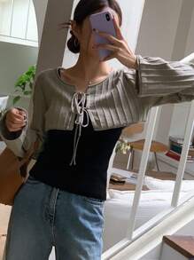 DAZY 前繫帶短款開衫 - 摩卡棕 - 查看 4