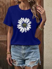 SHEIN LUNE Camiseta con estampado floral de cuello redondo - azul real - Ver 3