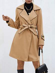 SHEIN Privé Tương phản ràng buộc Thắt lưng Áo khoác - Màu Khaki - Xem 5