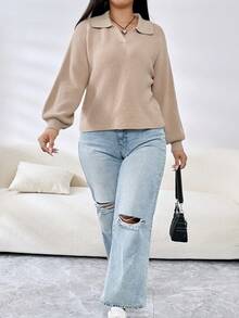 SHEIN EZwear 大碼素色V領套頭毛衣 - 駝色 - 查看 4