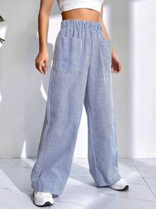SHEIN EZwear Striped Print Wide Leg Pants - Blue and White - View 6