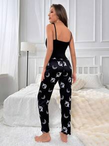 Moon Print Cami Top & Pants PJ Set / Pajama Set - Black - View 2