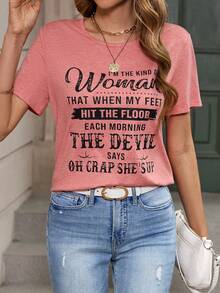 SHEIN LUNE Camiseta con estampado de slogan - Rosa - Ver 3
