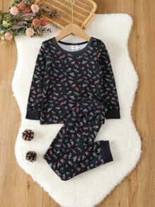 Young Girl Ditsy Floral Print Snug Fit PJ Set - Black - View 1