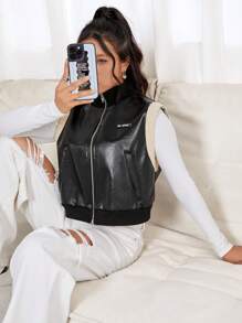 SHEIN EZwear Letter Patched Zip Up Vest Jacket - Black - View 5