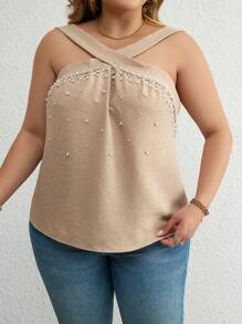 SHEIN Clasi Plus Top À Fines Brides À Perles Croisé - Kaki - Voir 1