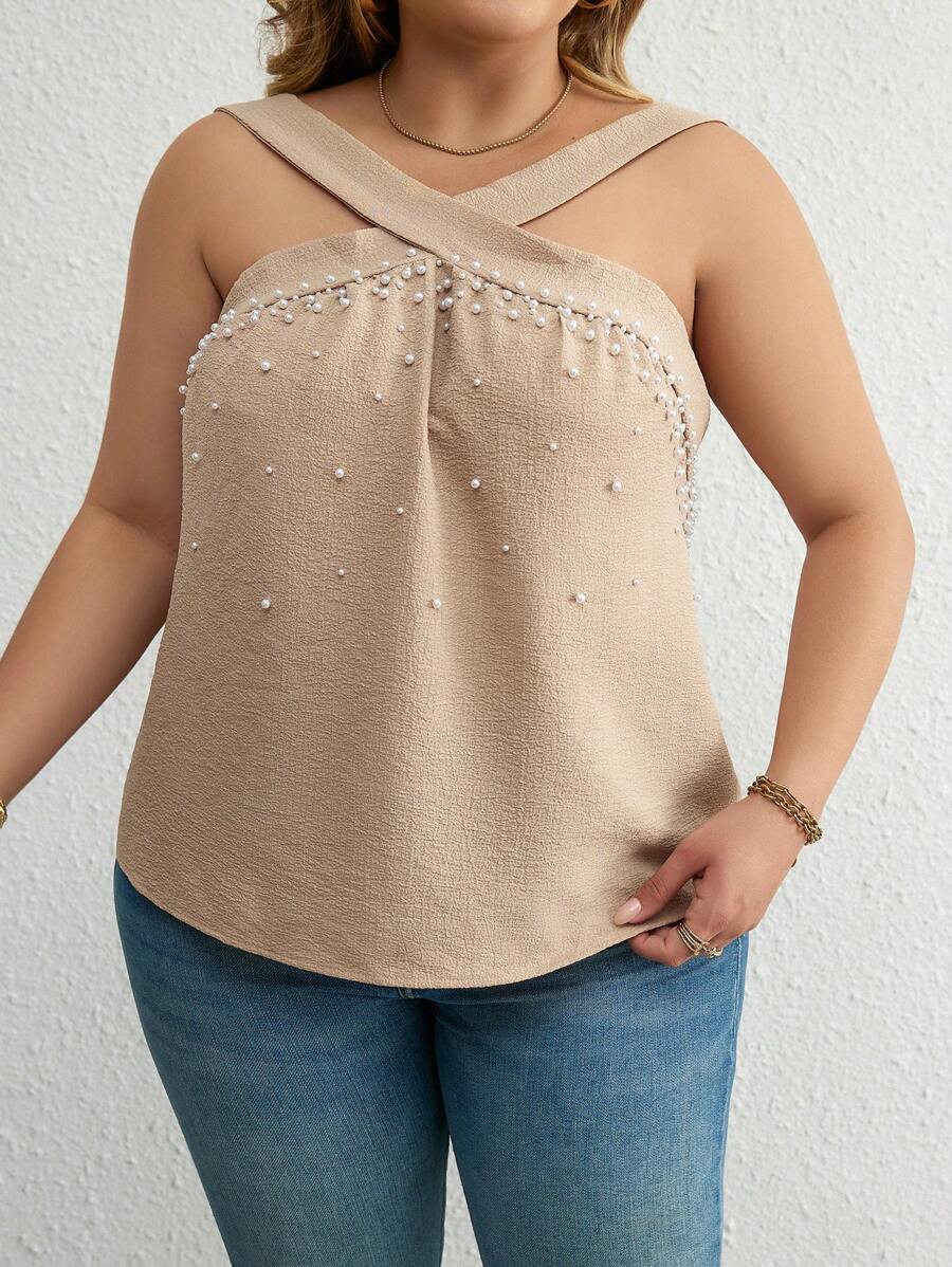 SHEIN Clasi Plus Top À Fines Brides À Perles Croisé - Kaki - Voir 1
