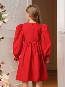 SHEIN 女大童凸花蕾絲貼花喇叭袖洋裝 - 紅色 - 查看 3