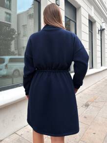 RueChic Plus Half Zip Drop Shoulder Dress - Navy Blue - View 3