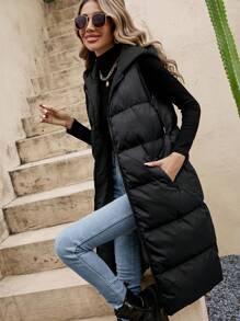 SHEIN Frenchy Solid Hooded Quilted Padded Warm Vest Coat - Black - View 6