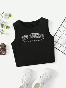 女大童字母圖案短款背心 - 黑色 - 查看 1