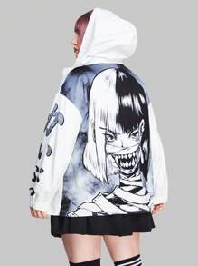 ROMWE Anime 大碼蝴蝶圖案拉鏈開襟落肩袖夾克 - 白色 - 查看 3