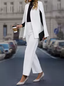 SHEIN Clasi áo tay cánh Mở Mặt trước Blazer & quần - trắng - Xem 6