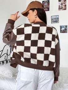 SHEIN EZwear Plus Checkerboard Print Drop Shoulder Bomber Jacket - Brown - View 2