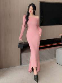 DAZY Solid Asymmetrical Neck Mermaid Hem Dress - Pink - View 5