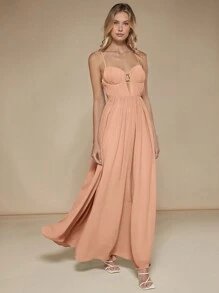 SHEIN Belle 素色後拉鏈吊帶裙伴娘禮服 - 珊瑚橙 - 查看 4