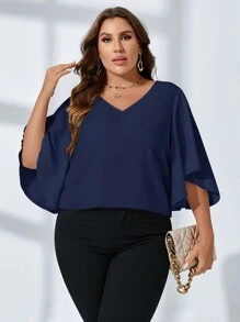 SHEIN Clasi Talla grande Blusa unicolor de cuello V de manga mariposa - Azul Marino - Ver 5