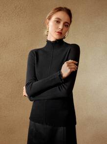 MOTF PREMIUM 100% PURE WOOL LETTUCE TRIM SWEATER - Black - View 6