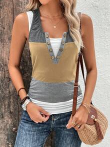 EMERY ROSE 撞色紐扣細節二合一背心上衣 - 卡其色 - 查看 6