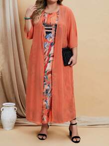 EMERY ROSE 大碼開門襟外套&圖案印花洋裝 - 橘色 - 查看 6